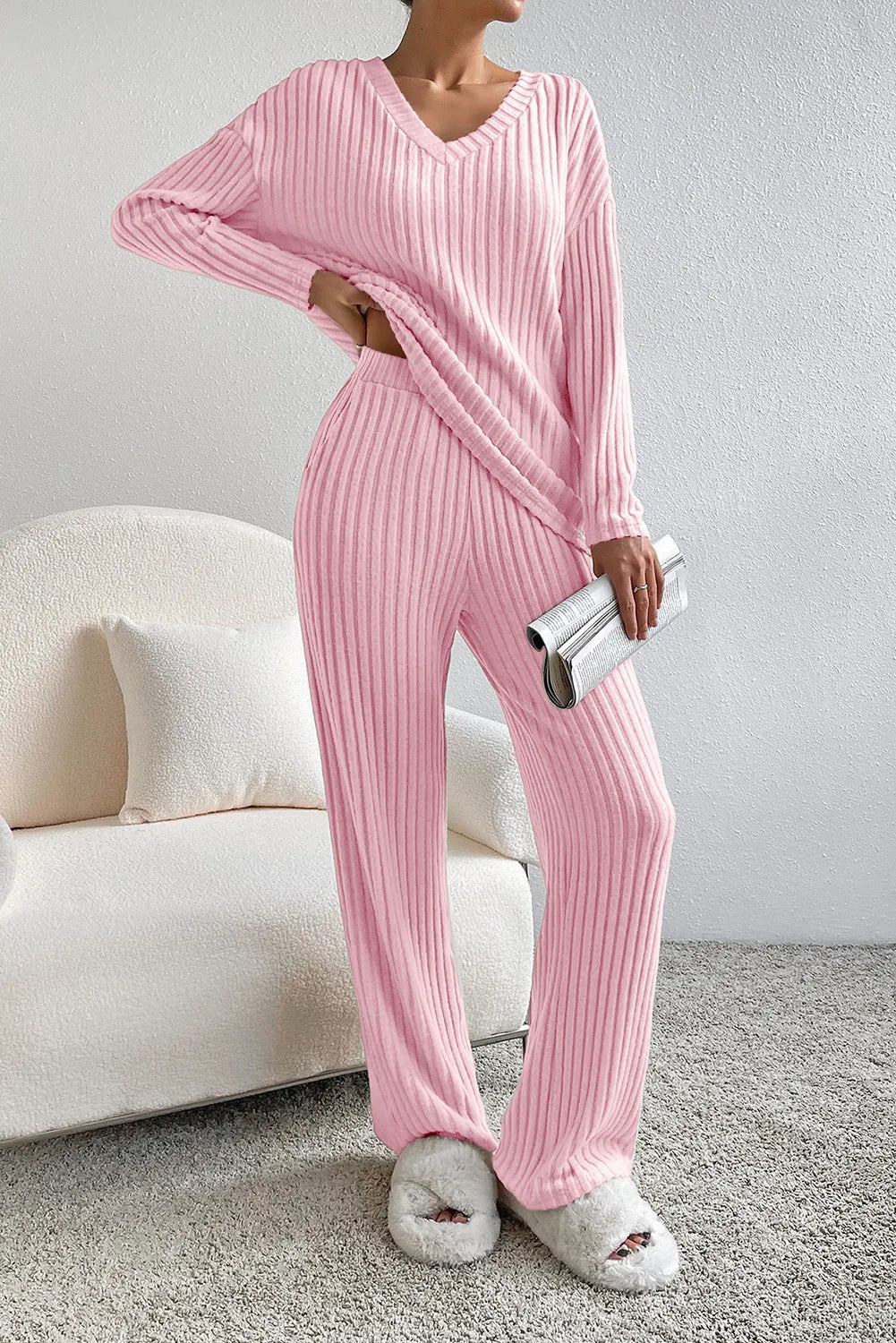 Light Pink Ribbed Knit V Neck Slouchy Two-piece Outfit Light Pink 85%Polyester+10%Viscose+5%Elastane Loungewear & Sleepwear/Loungewear - Tophatter Daily Deals