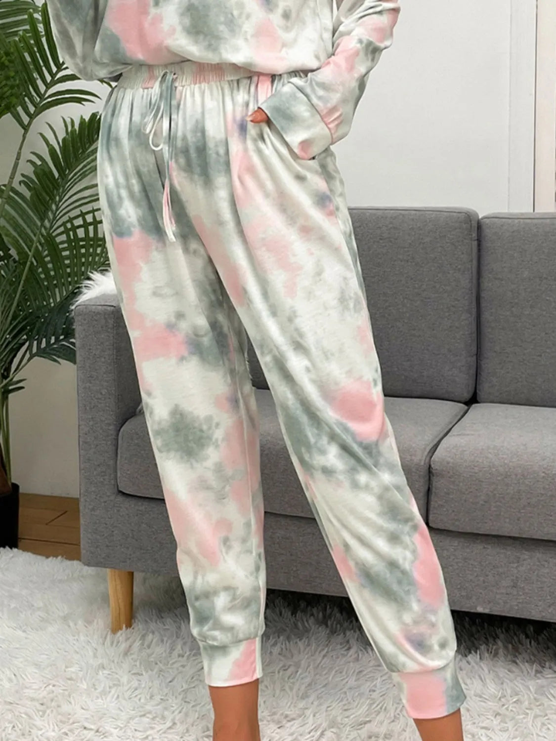 Tie-Dye Round Neck Top and Drawstring Pants Lounge Set Loungewear Sets - Tophatter Daily Deals