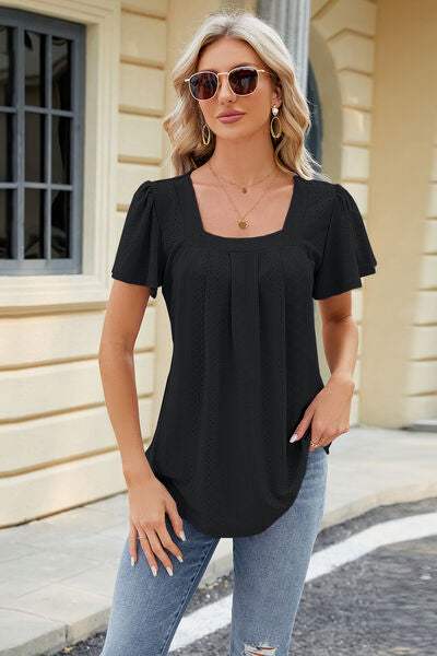 Eyelet Square Neck Short Sleeve T-Shirt Black Women's T-Shirts - Tophatter Daily Deals