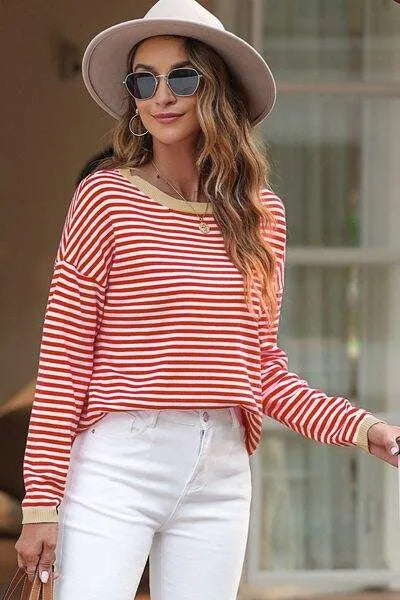 Striped Round Neck Drop Shoulder T-Shirt Red Blouses - Tophatter Daily Deals