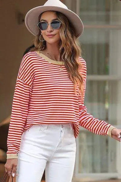 Striped Round Neck Drop Shoulder T-Shirt Red Blouses - Tophatter Daily Deals