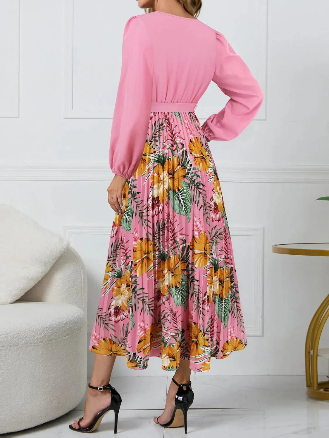 Pleated Printed Surplice Long Sleeve Dress Casual Dresses - Tophatter Daily Deals