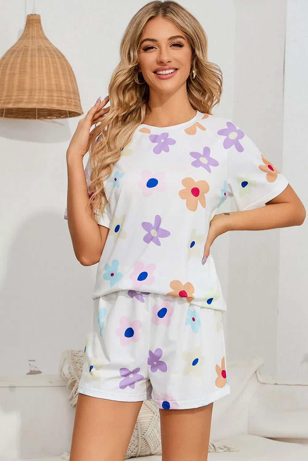 Floral Round Neck Raglan Sleeve Top and Shorts Lounge Set Loungewear Sets - Tophatter Daily Deals