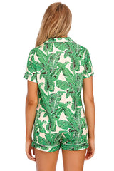 Printed Button Up Short Sleeve Top and Shorts Lounge Set Loungewear Sets - Tophatter Daily Deals