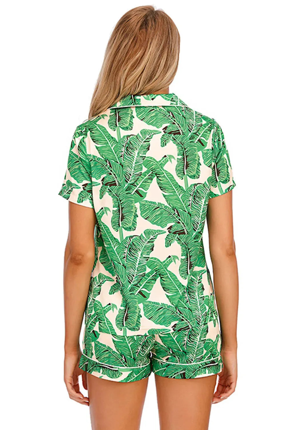 Printed Button Up Short Sleeve Top and Shorts Lounge Set Loungewear Sets - Tophatter Daily Deals
