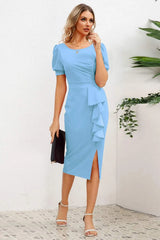 Slit Ruffled Puff Sleeve Midi Dress Casual Dresses - Tophatter Daily Deals
