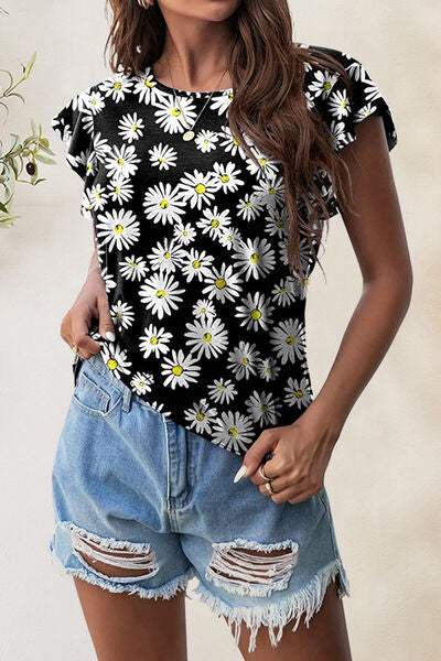 Printed Round Neck Short Sleeve T-Shirt Floral Women's T-Shirts - Tophatter Daily Deals