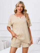 Notched Short Sleeve and Shorts Lounge Set Loungewear Sets - Tophatter Daily Deals