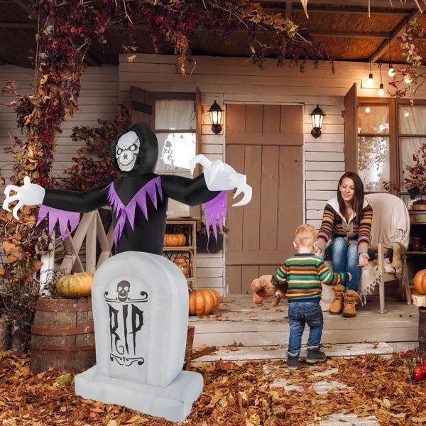 Grim Reaper Inflatable With LED Tombstone Halloween Decor 3D Changing Face Moving Picture Frame - Tophatter Daily Deals