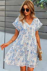 Printed V-Neck Short Sleeve Tiered Dress Casual Dresses - Tophatter Daily Deals