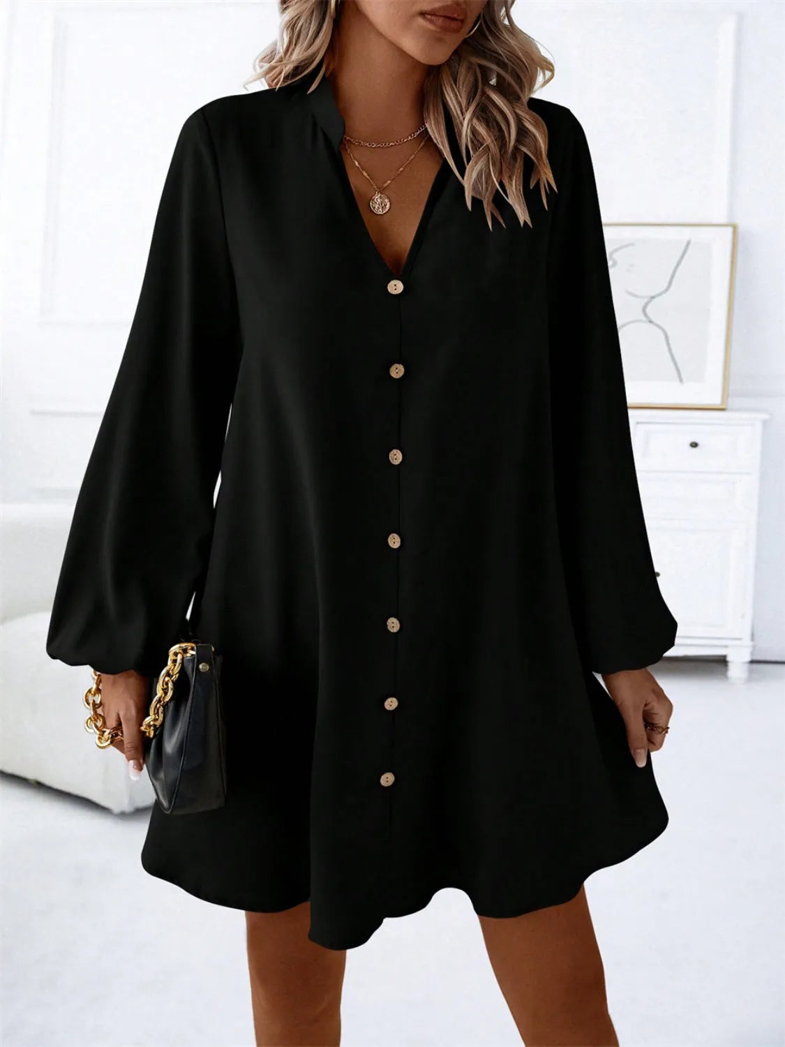 Notched Long Sleeve Mini Dress Black Casual Dresses - Tophatter Daily Deals