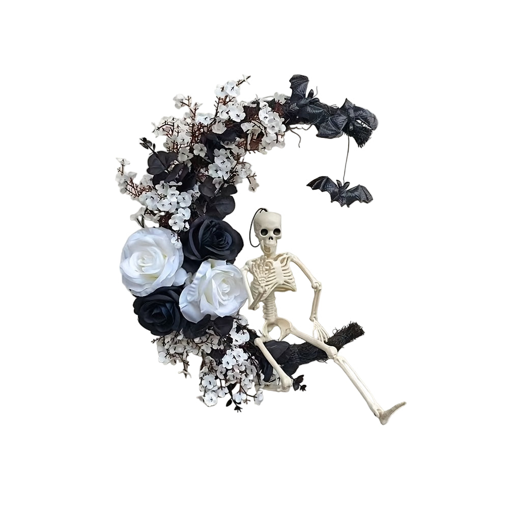 Halloween Moon Black Wreath Skull Bones Bats Roses Halloween - Tophatter Daily Deals