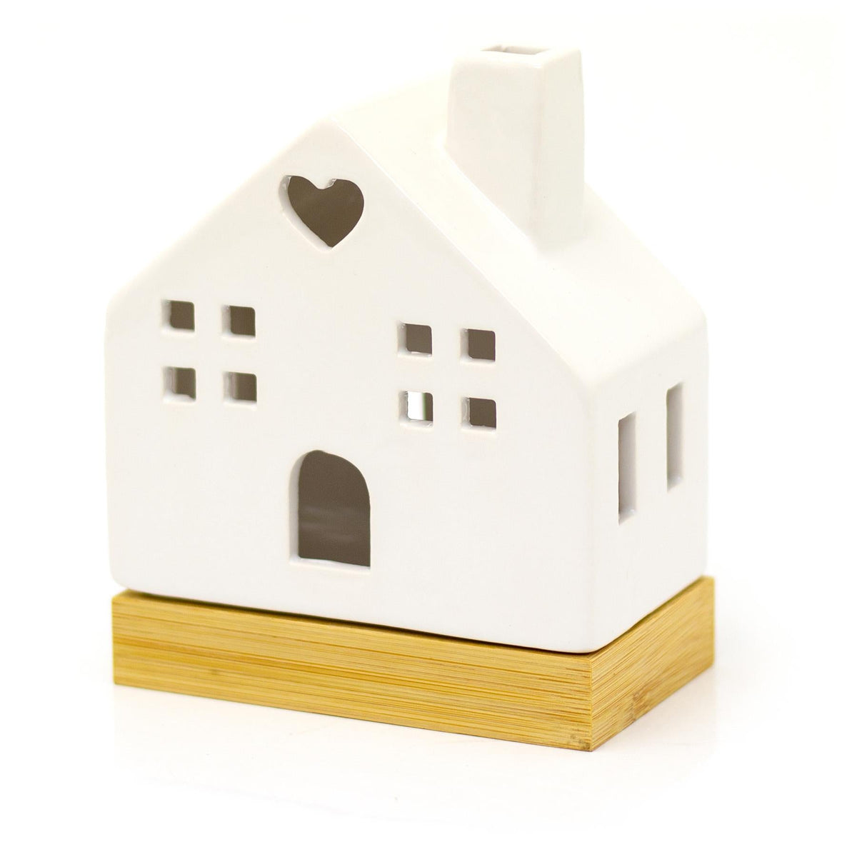 White Ceramic LED Christmas House Ornament On Bamboo Base | Light up Decoration Ornament - Tophatter Daily Deals