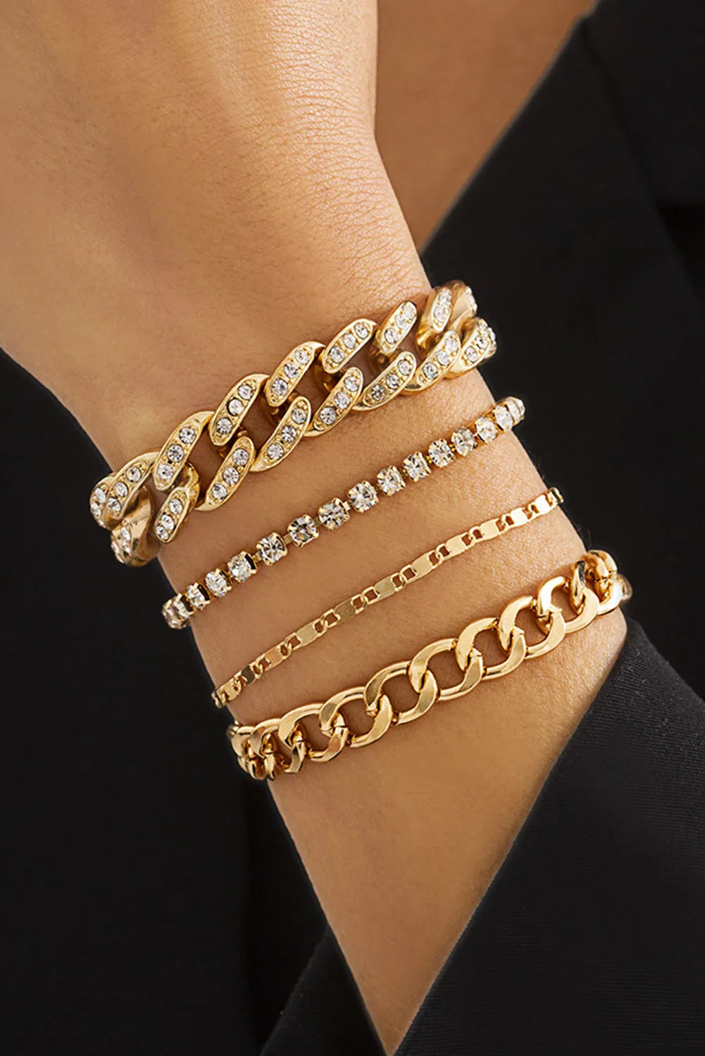 Gold 4pcs Rhinestone Decor Adjustable Chain Bracelet Set Gold ONE SIZE Alloy Bracelets - Tophatter Daily Deals