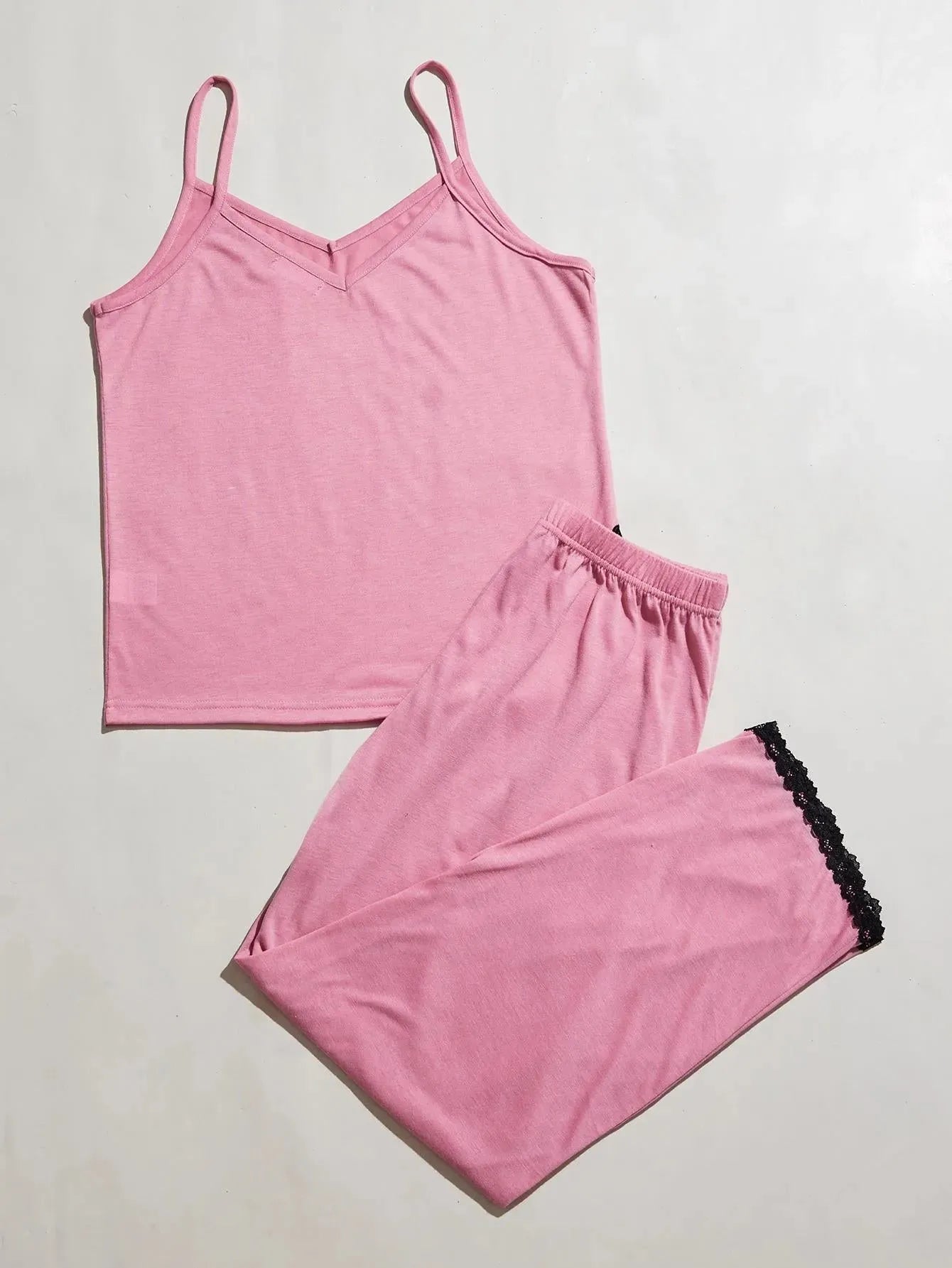 V-Neck Lace Trim Slit Cami and Pants Pajama Set Pink Loungewear Sets - Tophatter Daily Deals