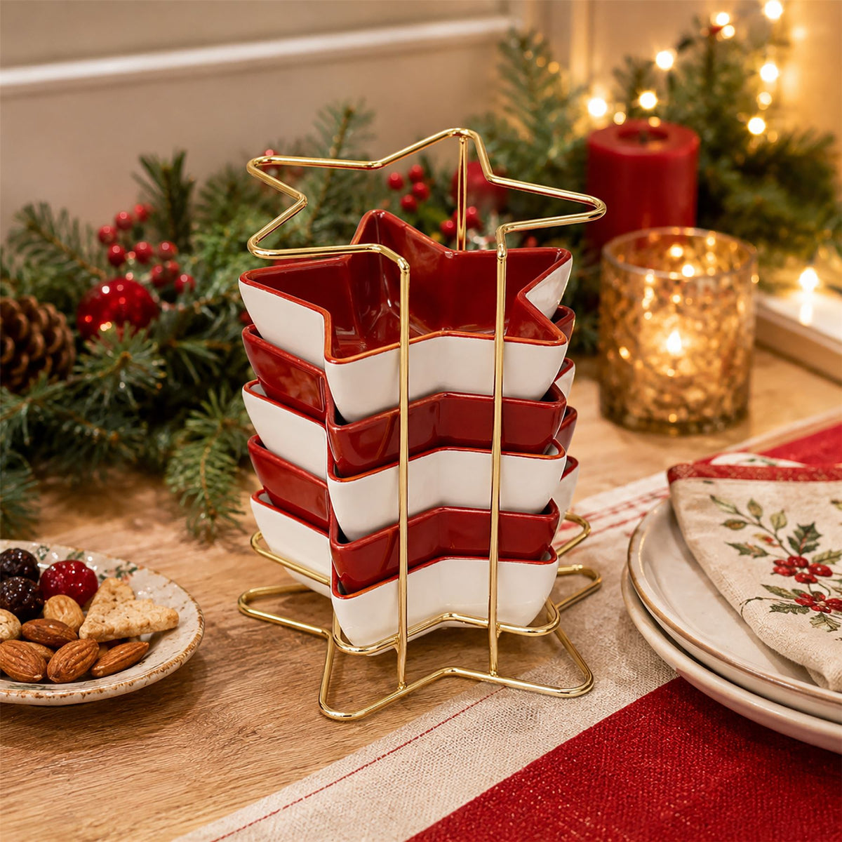 Star-Shaped Set of Snack Bowls, Ceramic Christmas Serving Bowls with Rack Bowl - Tophatter Daily Deals
