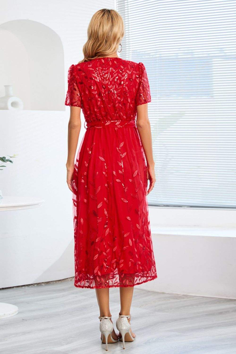 Sequin Leaf Embroidery Tie Front Short Sleeve Dress Cocktail Dresses - Tophatter Daily Deals