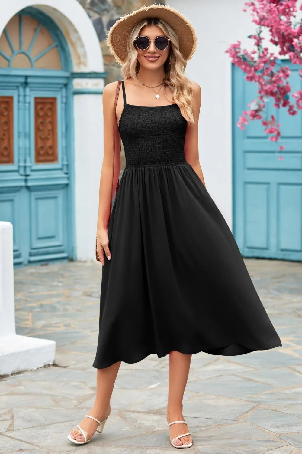 Smocked Spaghetti Strap Midi Dress Black Casual Dresses - Tophatter Daily Deals