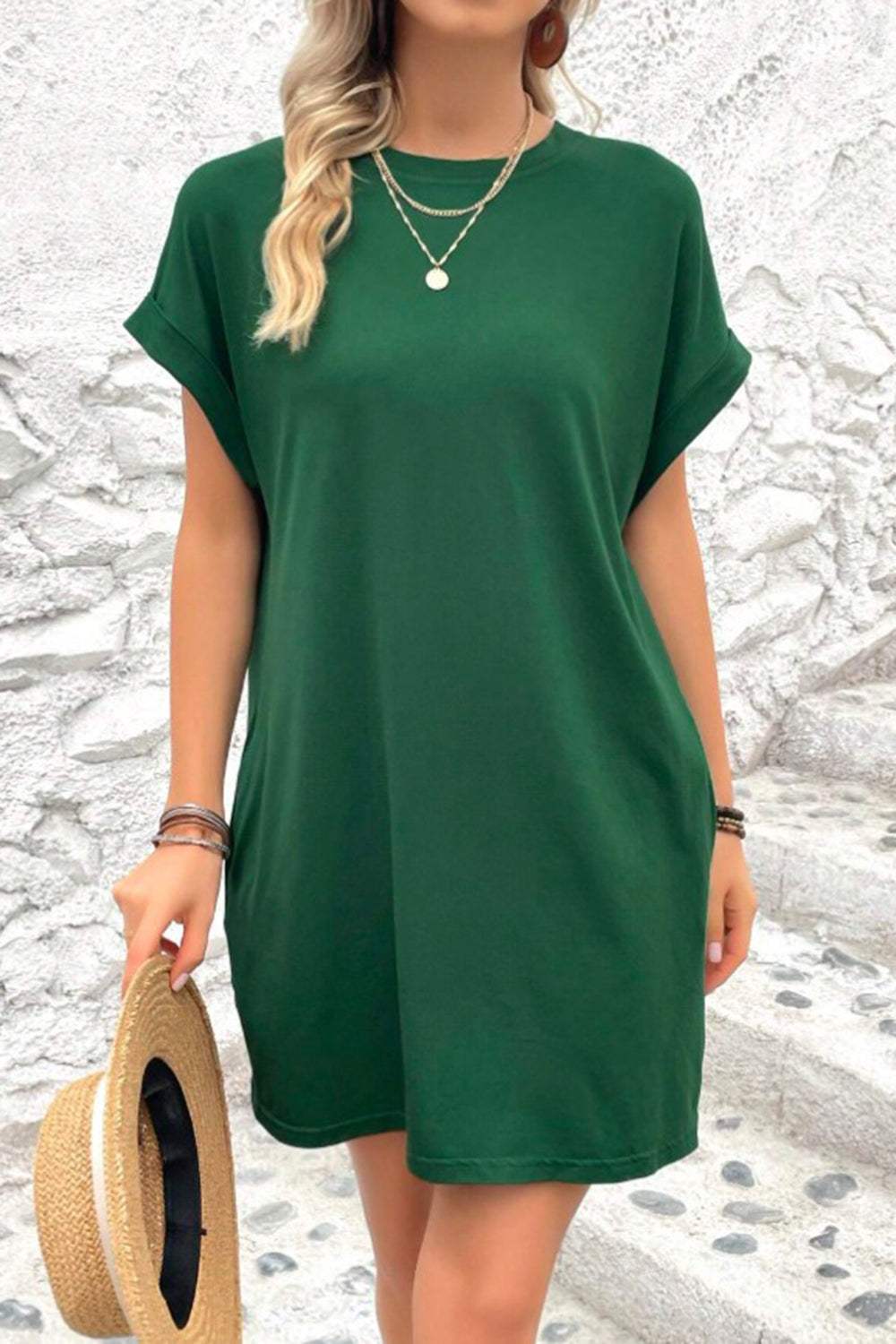 Pocketed Round Neck Short Sleeve Dress Casual Dresses - Tophatter Daily Deals