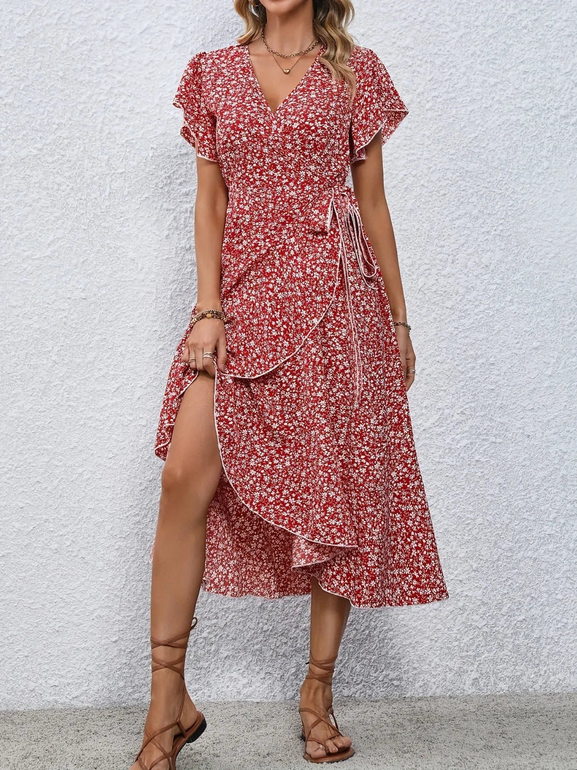 Printed Surplice Flutter Sleeve Midi Dress Casual Dresses - Tophatter Daily Deals