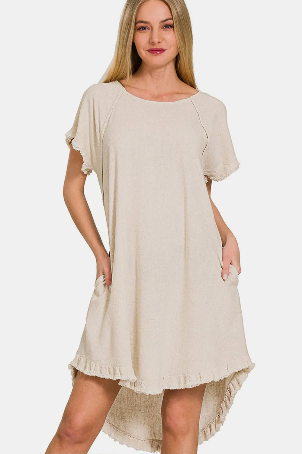 Zenana Fringe Edge High Low Flowy Dress with Pockets Beige Casual Dresses - Tophatter Daily Deals