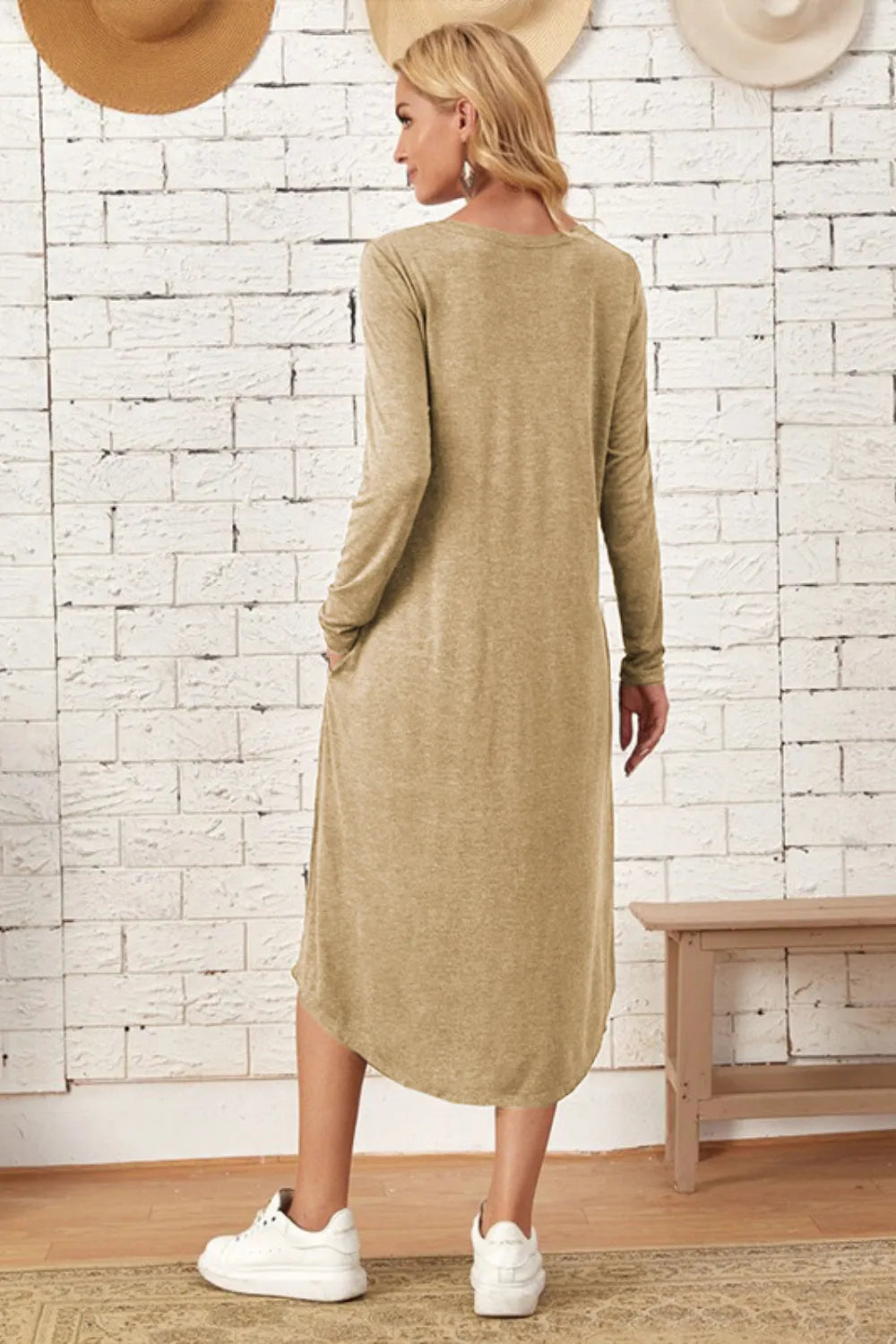 Pocketed Round Neck Long Sleeve Tee Dress Casual Dresses - Tophatter Daily Deals