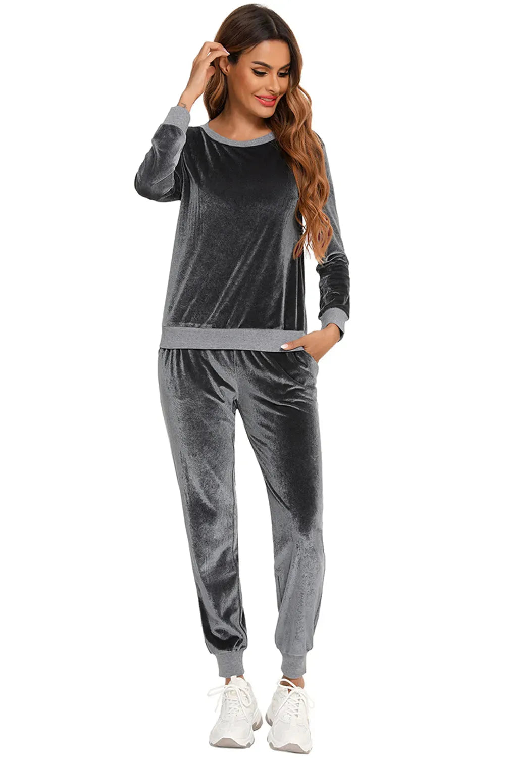Round Neck Long Sleeve Loungewear Set with Pockets Loungewear Sets - Tophatter Daily Deals