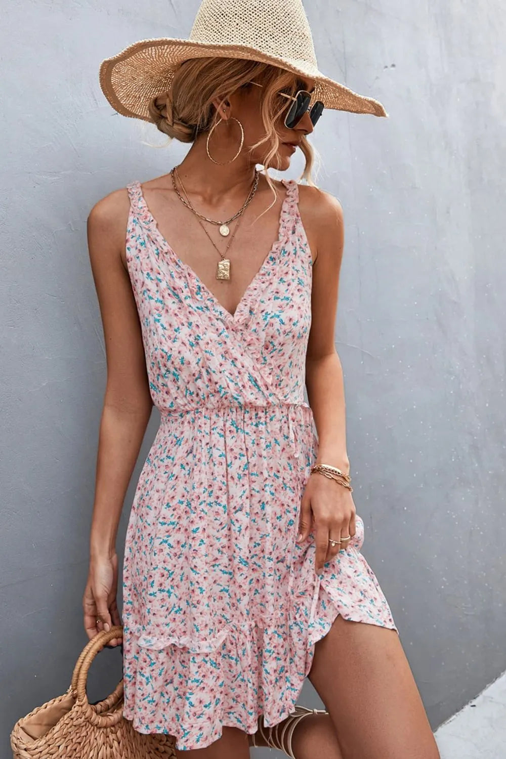 Floral Frill Trim Sleeveless Mini Dress Blush Pink Casual Dresses - Tophatter Daily Deals