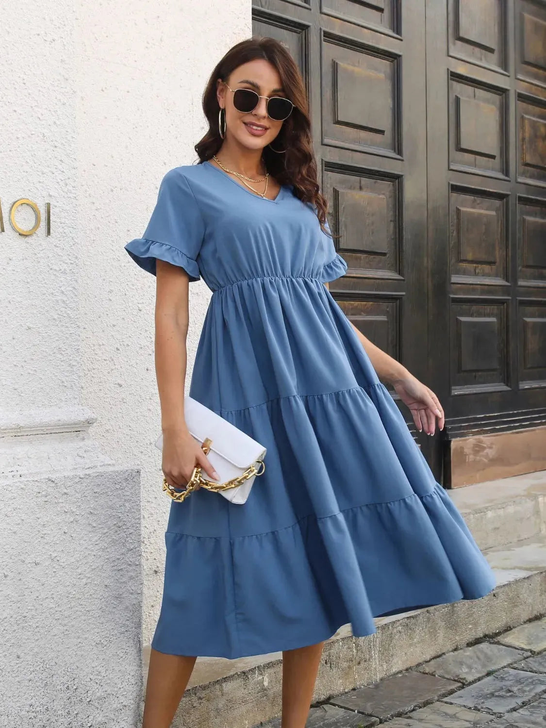 V-Neck Short Sleeve Midi Dress Casual Dresses - Tophatter Daily Deals