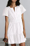 Eyelet Notched Short Sleeve Mini Dress White Casual Dresses - Tophatter Daily Deals