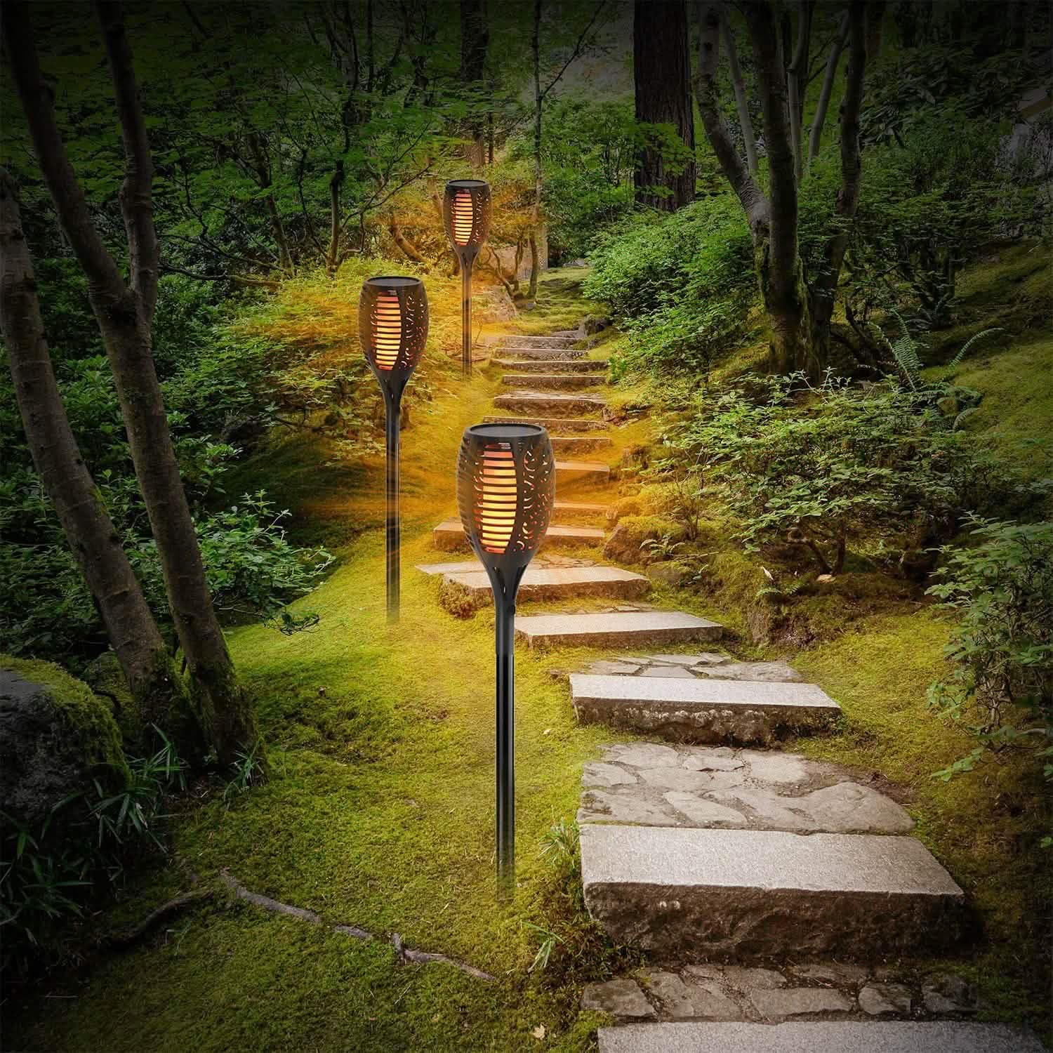 96 LEDs Solar Flame Torch Light Outdoor Lighting - Tophatter Daily Deals