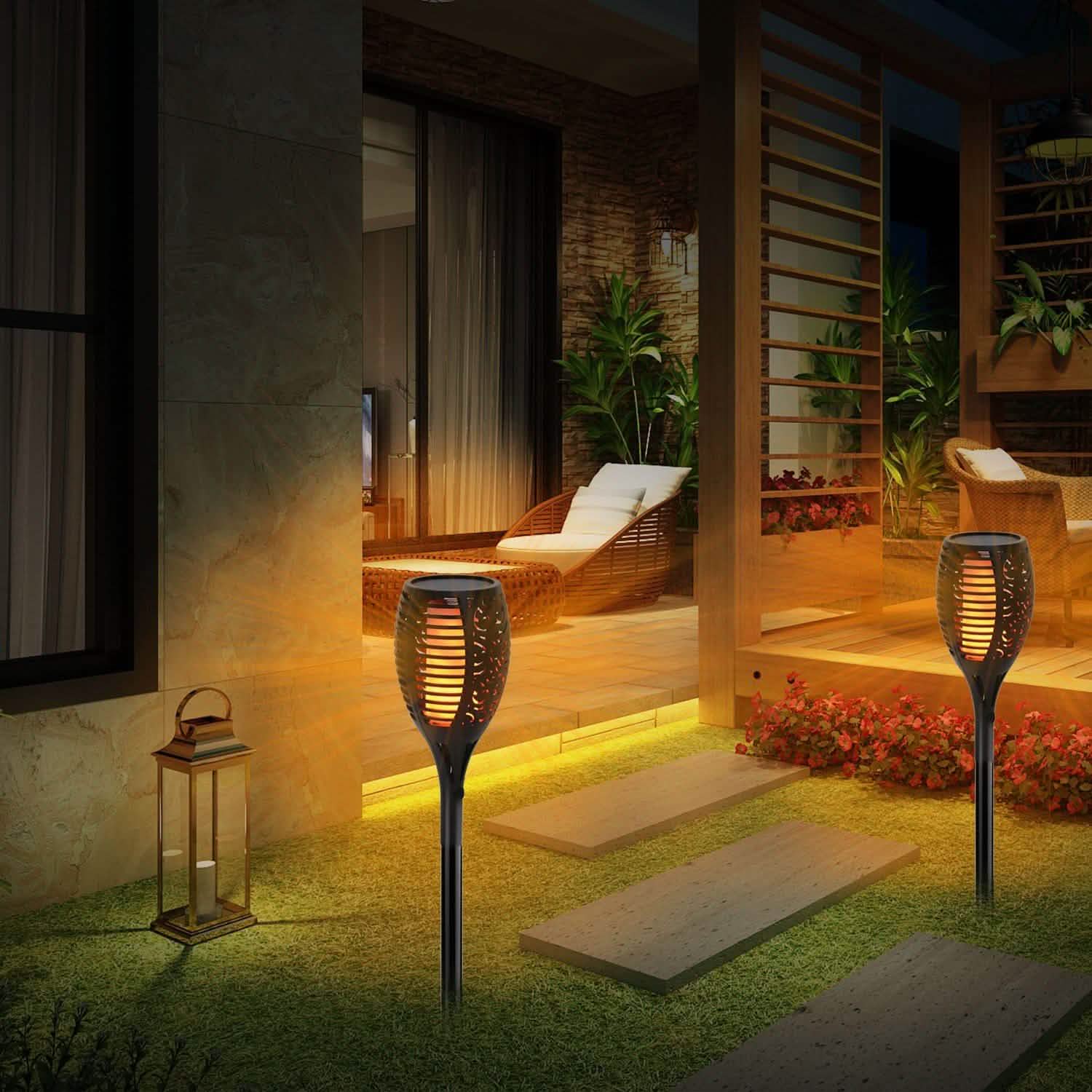 96 LEDs Solar Flame Torch Light Outdoor Lighting - Tophatter Daily Deals