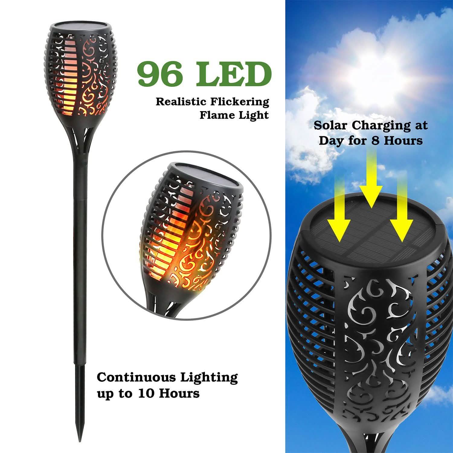 96 LEDs Solar Flame Torch Light Outdoor Lighting - Tophatter Daily Deals