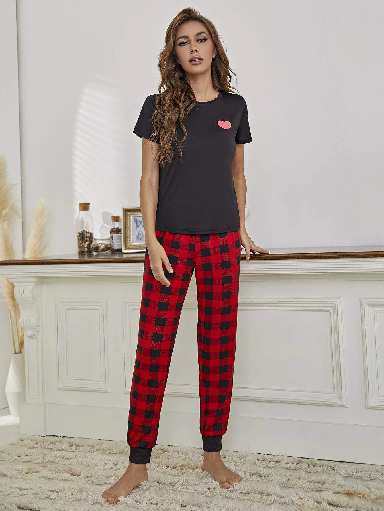 Heart Graphic Tee and Plaid Joggers Lounge Set Black Red Loungewear Sets - Tophatter Daily Deals