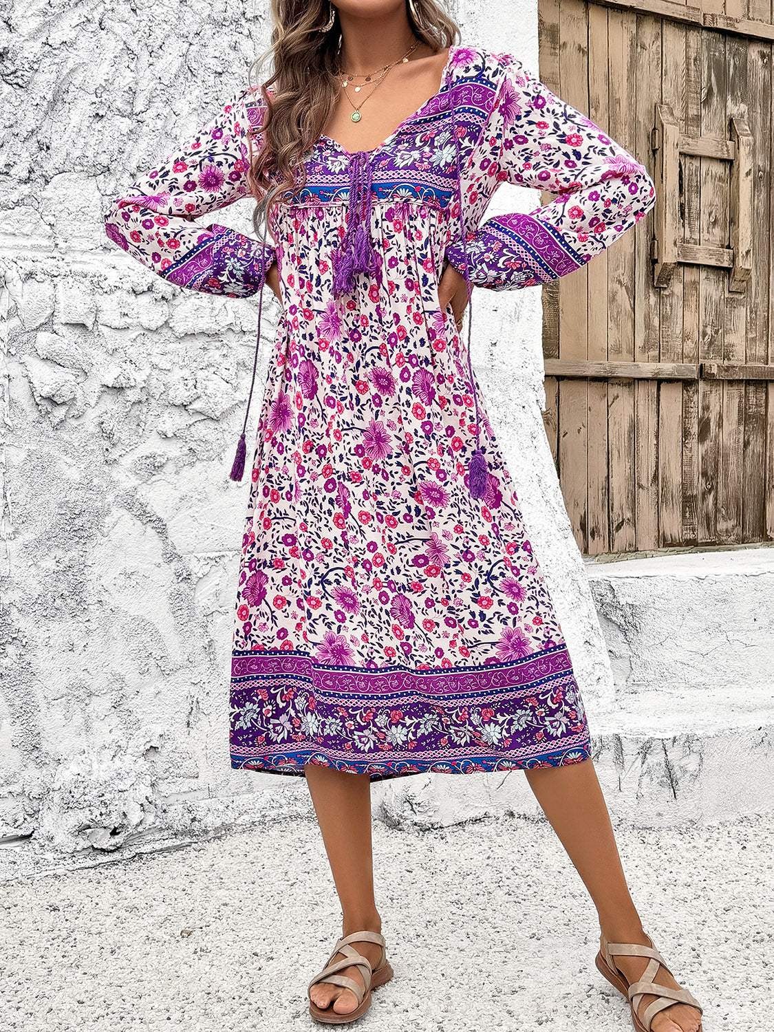 Tassel Tied Printed Long Sleeve Dress Lavender Casual Dresses - Tophatter Daily Deals