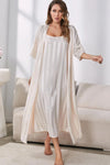 Striped Flounce Sleeve Open Front Robe and Cami Dress Set Beige Loungewear Sets - Tophatter Daily Deals