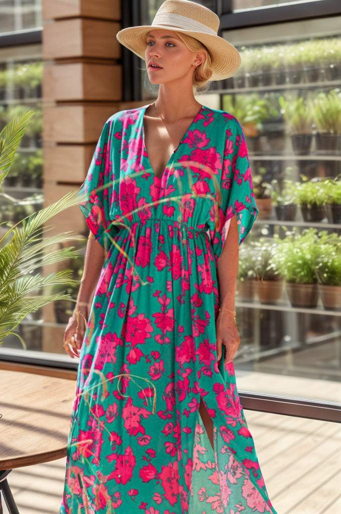 Printed V-Neck Midi Slit Dress Casual Dresses - Tophatter Daily Deals