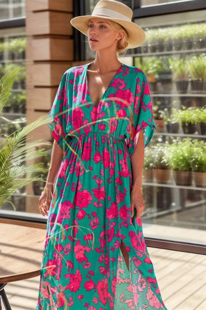 Printed V-Neck Midi Slit Dress Casual Dresses - Tophatter Daily Deals