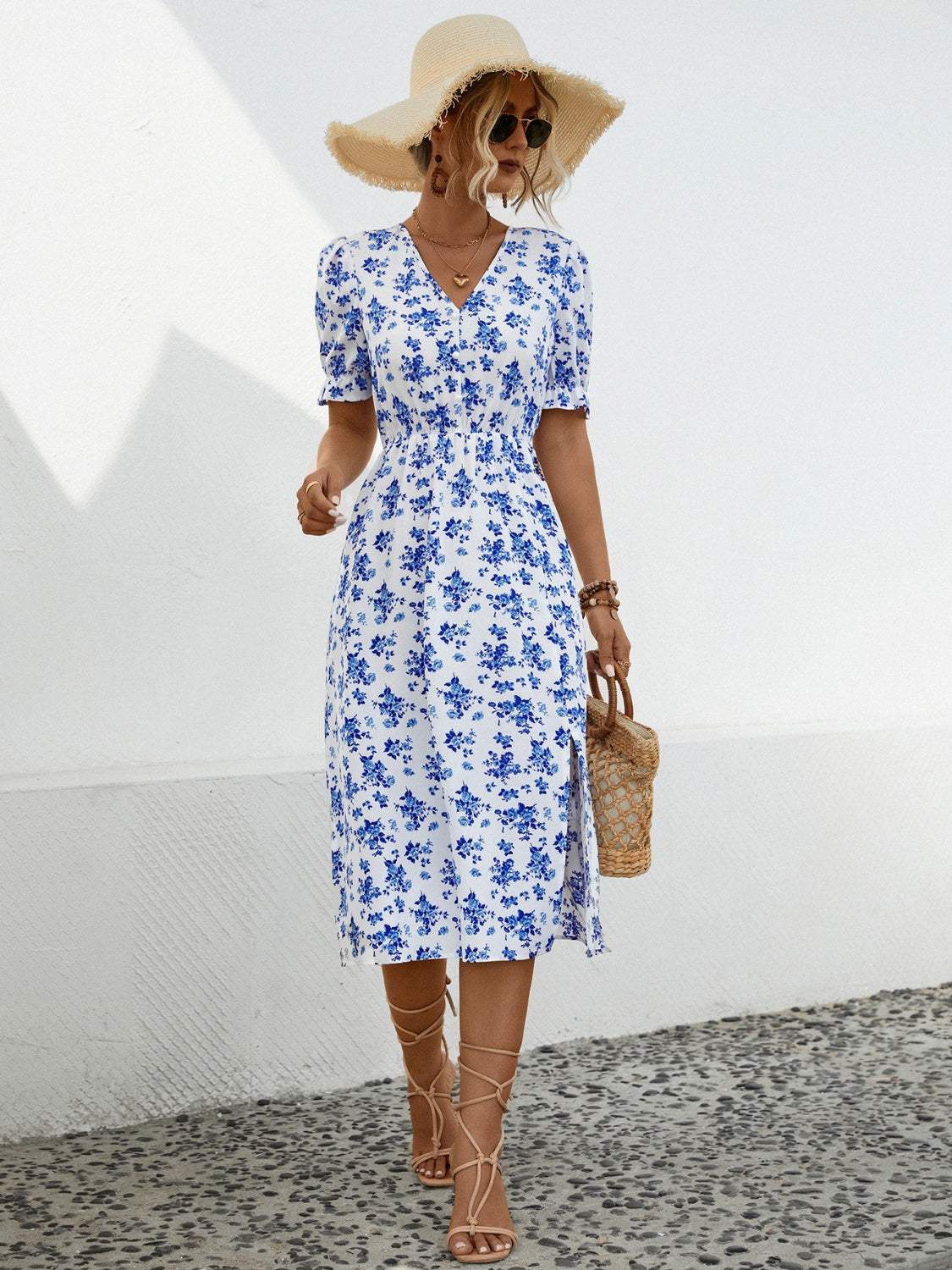 Slit Printed V-Neck Short Sleeve Dress Casual Dresses - Tophatter Daily Deals