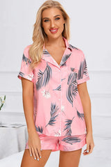 Printed Button Up Short Sleeve Top and Shorts Lounge Set Carnation Pink Loungewear Sets - Tophatter Daily Deals