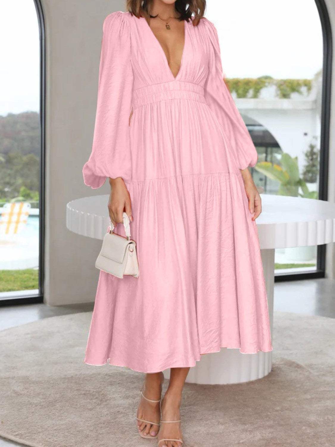 Deep V-Neck Balloon Sleeve Plain Maxi Dress Casual Dresses - Tophatter Daily Deals