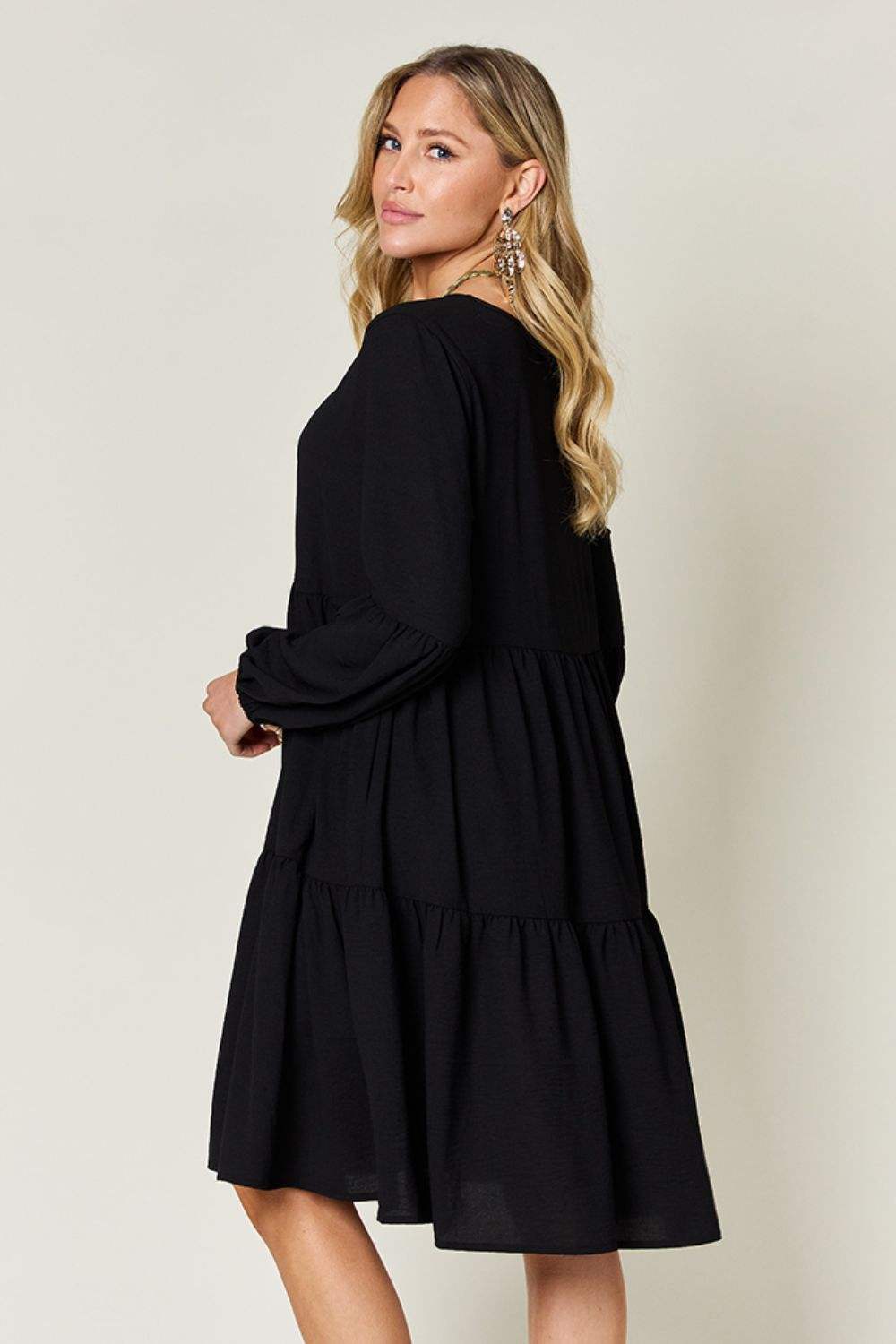 Double Take Full Size V-Neck Balloon Sleeve Tiered Dress Casual Dresses - Tophatter Daily Deals