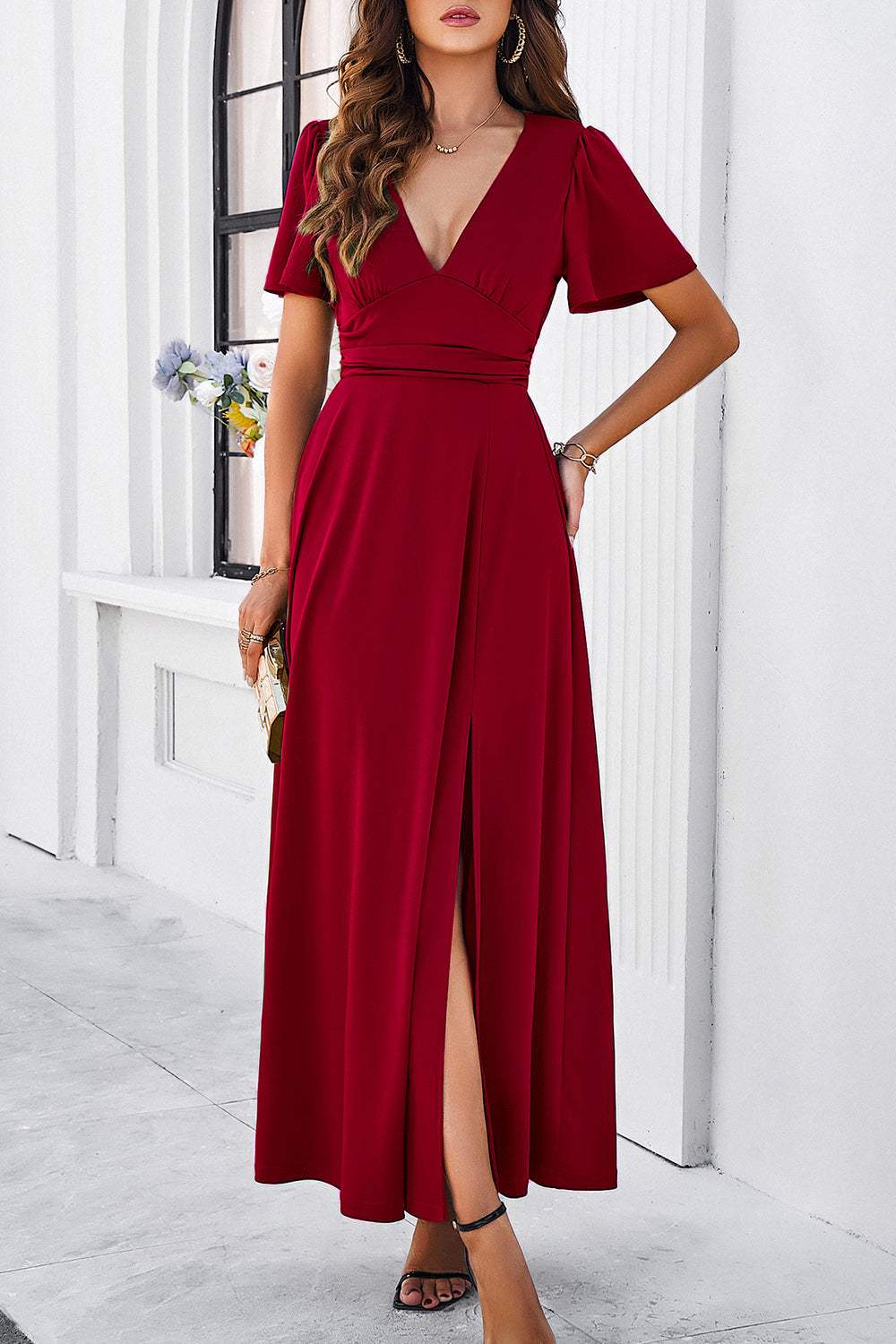 Slit V-Neck Short Sleeve Dress Deep Red Casual Dresses - Tophatter Daily Deals