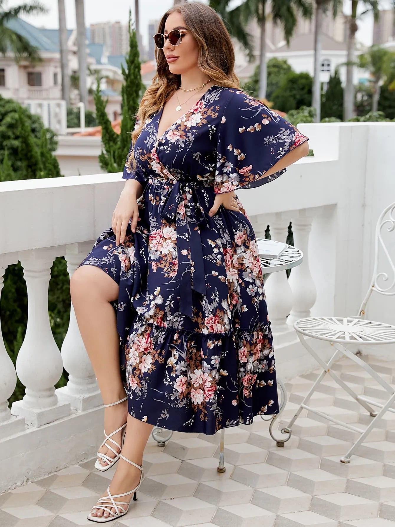 Plus Size Floral Surplice Neck Midi Dress Casual Dresses - Tophatter Daily Deals