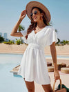 Smocked V-Neck Short Sleeve Dress White Casual Dresses - Tophatter Daily Deals