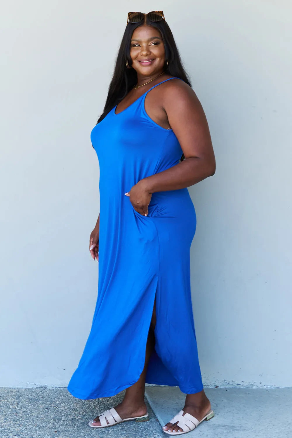 Ninexis Good Energy Full Size Cami Side Slit Maxi Dress in Royal Blue Casual Dresses - Tophatter Daily Deals