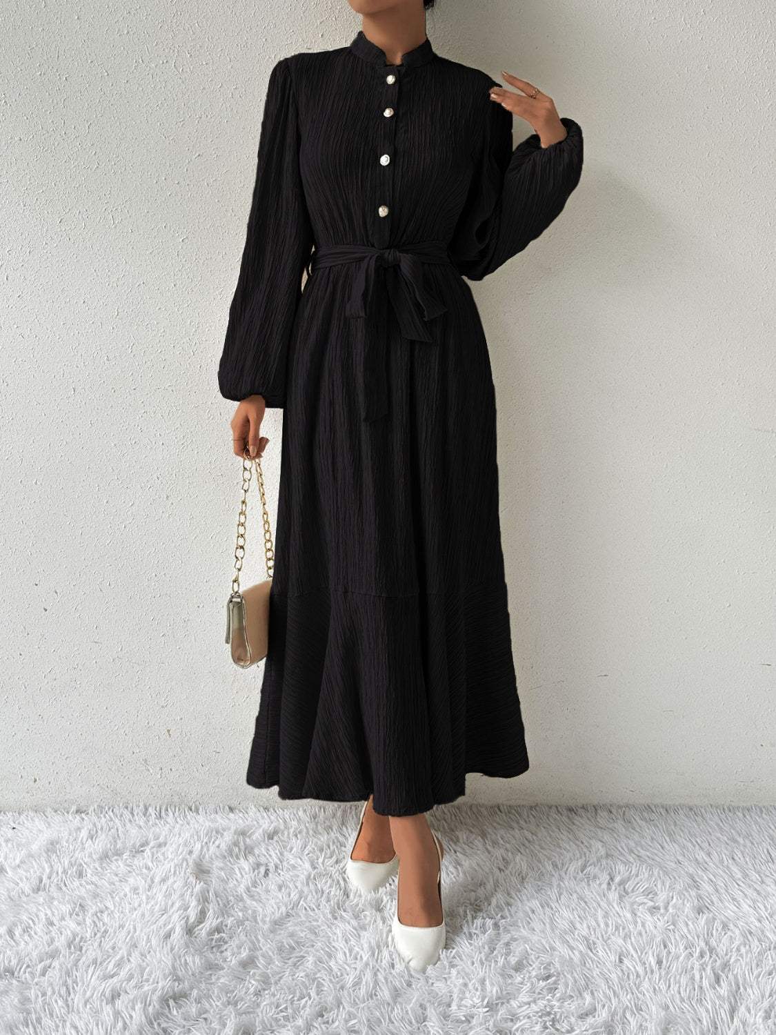 Tie Waist Long Sleeve Dress Black Casual Dresses - Tophatter Daily Deals