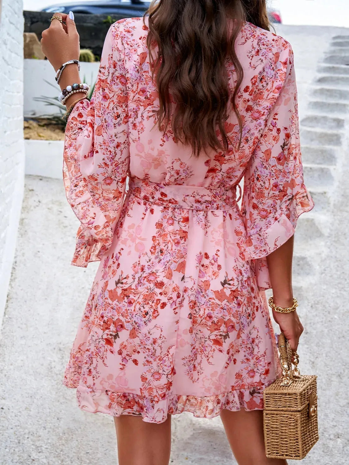 Ruffled Printed Surplice Half Sleeve Mini Dress Casual Dresses - Tophatter Daily Deals