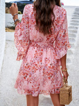 Ruffled Printed Surplice Half Sleeve Mini Dress Casual Dresses - Tophatter Daily Deals