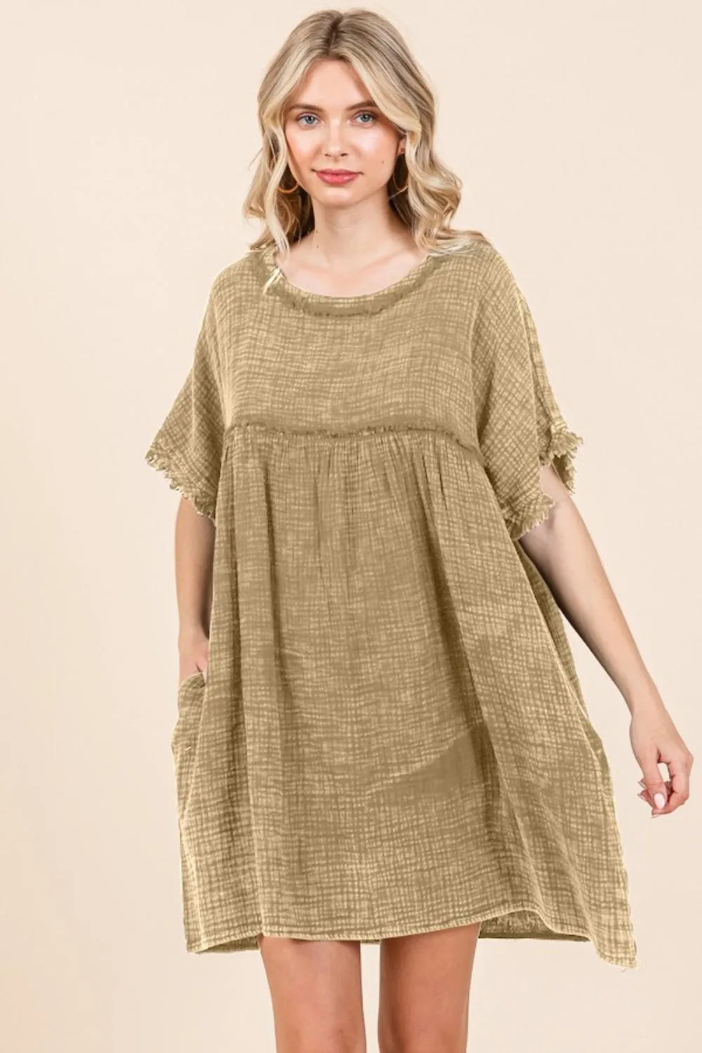 Culture Code Full Size Short Sleeve Babydoll Texture Dress with Pockets Iced Coffee Casual Dresses - Tophatter Daily Deals